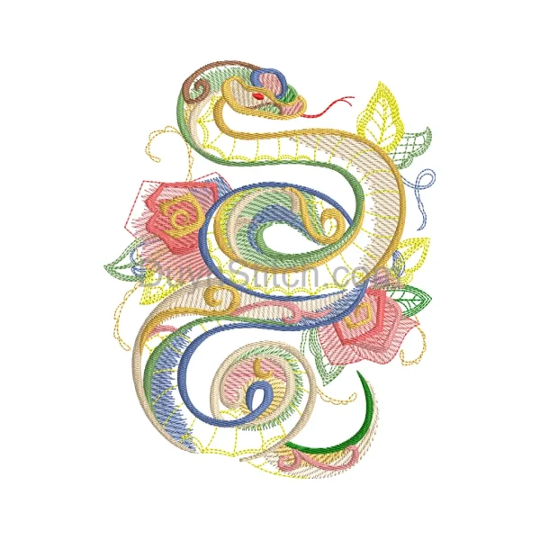Vibrant Snake & Floral Embroidery