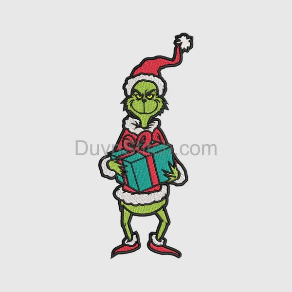 Grinch Holding Gift in Santa Outfit